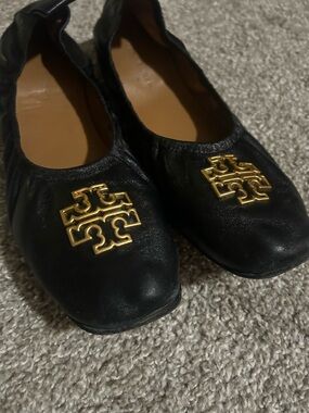 Tory Burch Black Leather Flats with Gold Logo Emblem